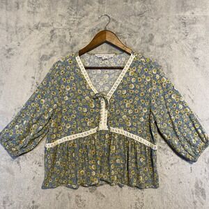 Vanilla Star Top Womans Sz L Multicolor Floral‎ V-Neck 3/4 Sleeve Cropped Boho